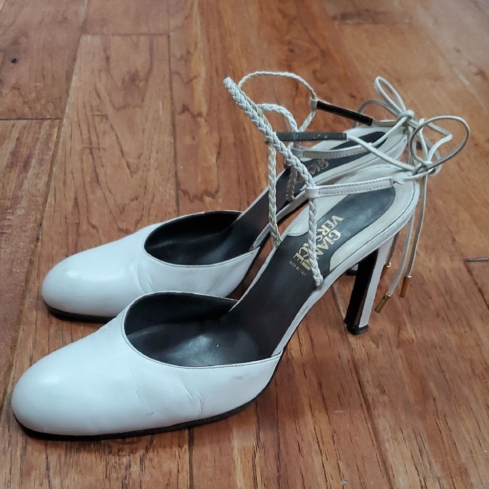 Versace Ankle Tie Glam White Mary Jane Heels